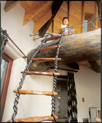 Peter and Snowball perch in Adam's bedroom loft, which is supported by a cottonwood trunk and accessed by a ladder created by local artist Peter Kettle.